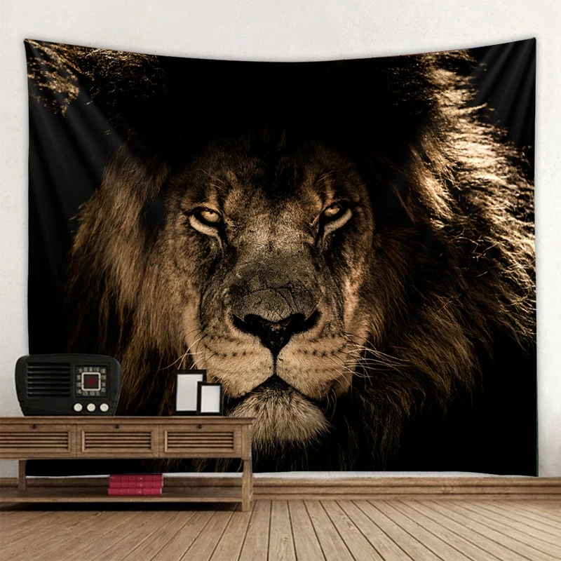 VIKAMA Dark Lion Tapestry Realistic Male Lion Head Wild Animal Print Wall Hanging Living Room Decor Cloth