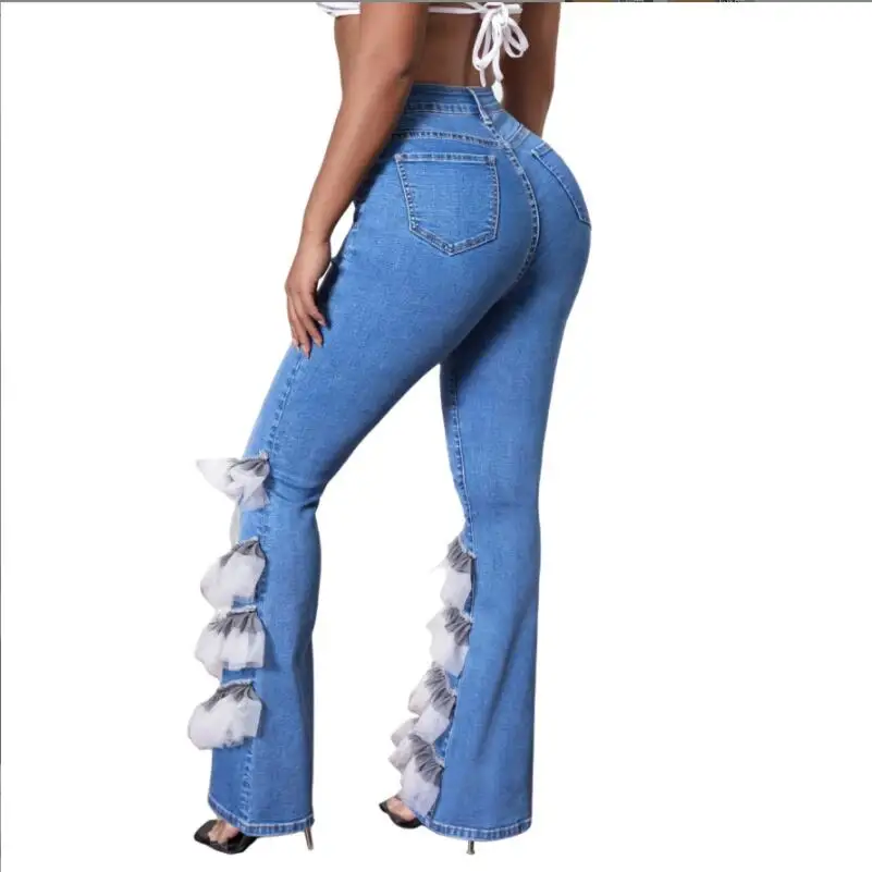 Elegant Women Mesh Patchwork Jeans Cascading Ruffles Flare Trousers Button Fly High Waist Jeans 2023 Street Denim Pants w538