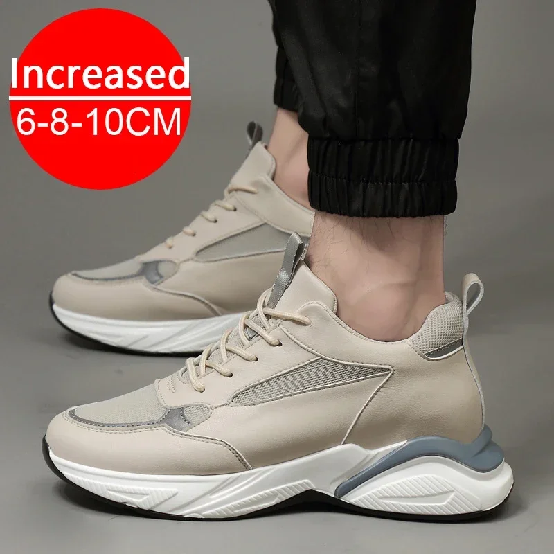 Men's casual shoes chunky sneakers 6/8cm high quality genuine leather cowhide breathable trendy trainers thick shoes size 36-44