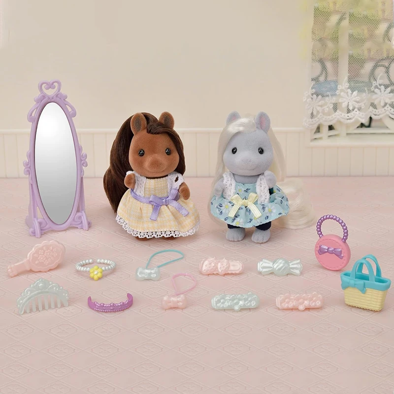 Oryginalny zestaw Sylvanian Families Pony Sisters do salonu fryzjerskiego, dekoracja na biurko, zabawka kolekcjonerska, prezent urodzinowy - dostępny od ręki.