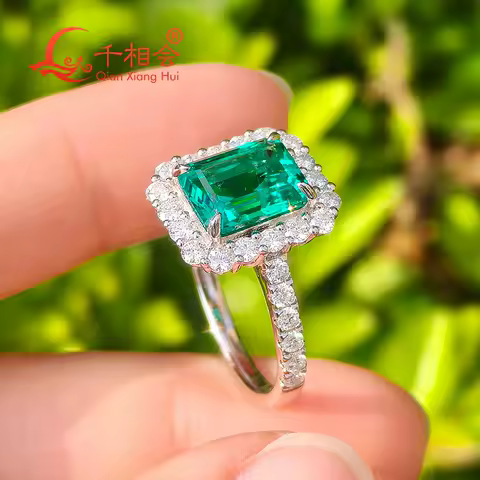 Women's Classic Ring 925 Silver Green 7x9mm Hydrothermal Columbia Emerald &amp; White Moissanite Ring Band dating