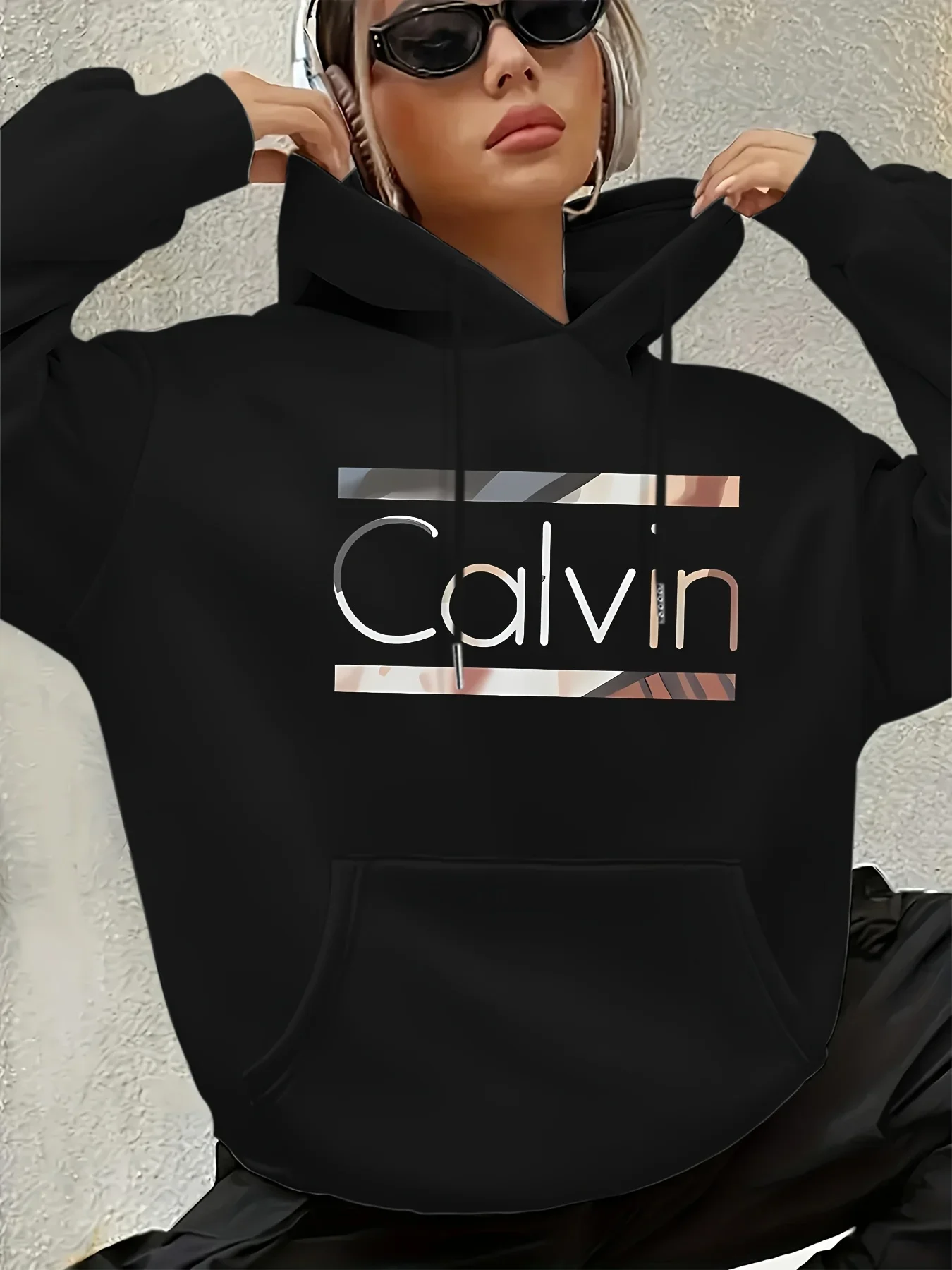 

Женская винтажная толстовка с буквенным принтом Calvin, с длинным рукавом и карманом кенгуру, модная повседневная толстовка в стиле хип-хоп, Harajuku, унисекс