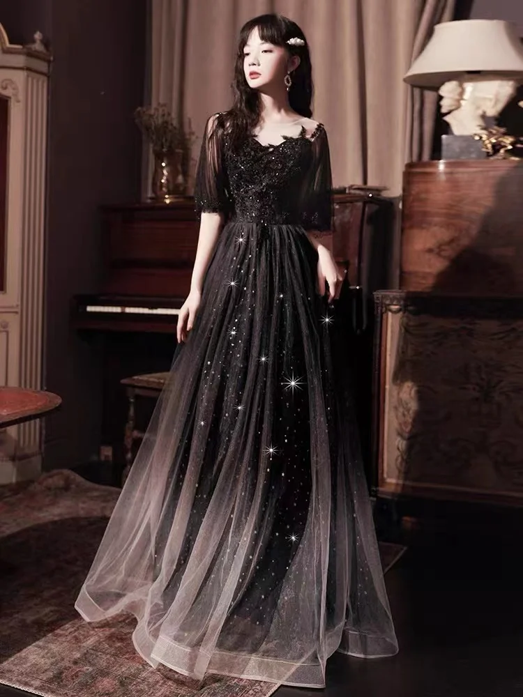 Elegante lentejuelas exquisito apliques de cuentas vestidos de graduación Línea A media manga francés largo banquete Vestido de fiesta de noche Vestido de fiesta