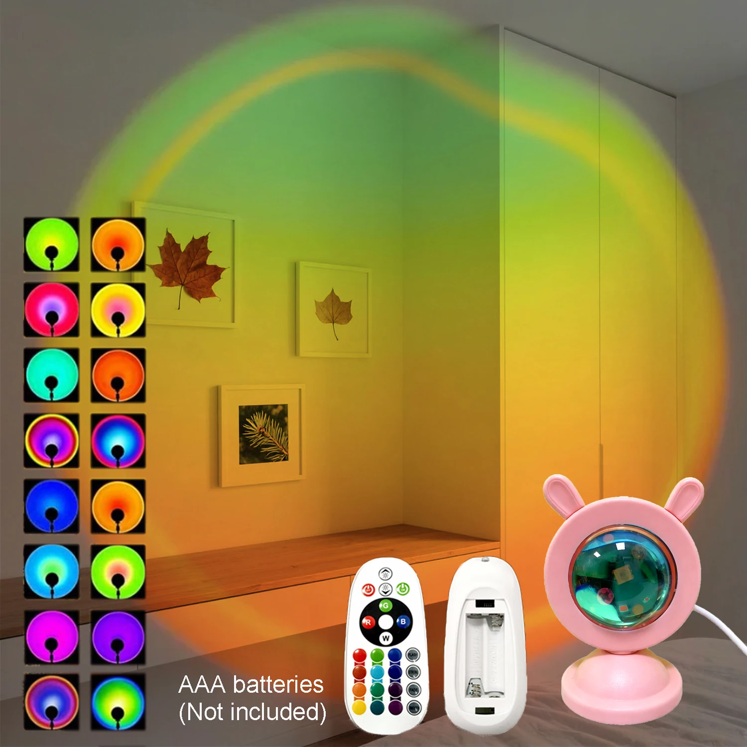16 color gradient sunset projection light, detachable ear USB small desk lamp, selfie live background sunset atmosphere light