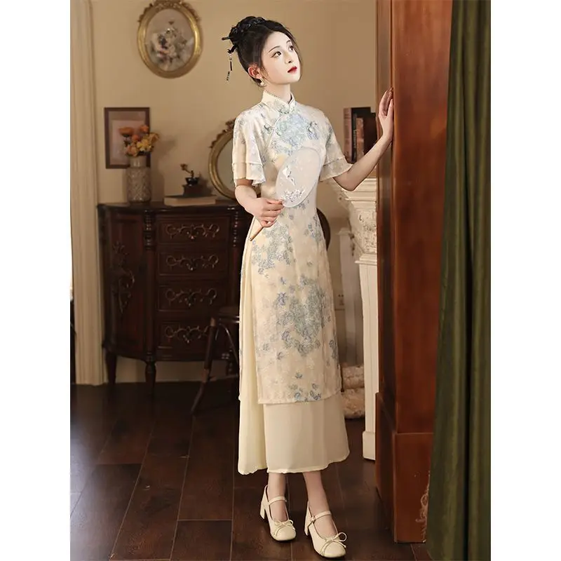 Improved Qipao 2024 New Summer Modern Chinese Style Blue Jacquard Short Sleeve Cheongsam For Women Youth Girls Long Party Dress