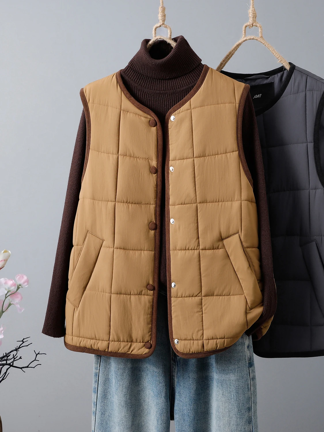 

Casual Sle Color Blo Cotton Vest Women's Autumn Winter Svel Thiened round Ne Single Button Closure Coat