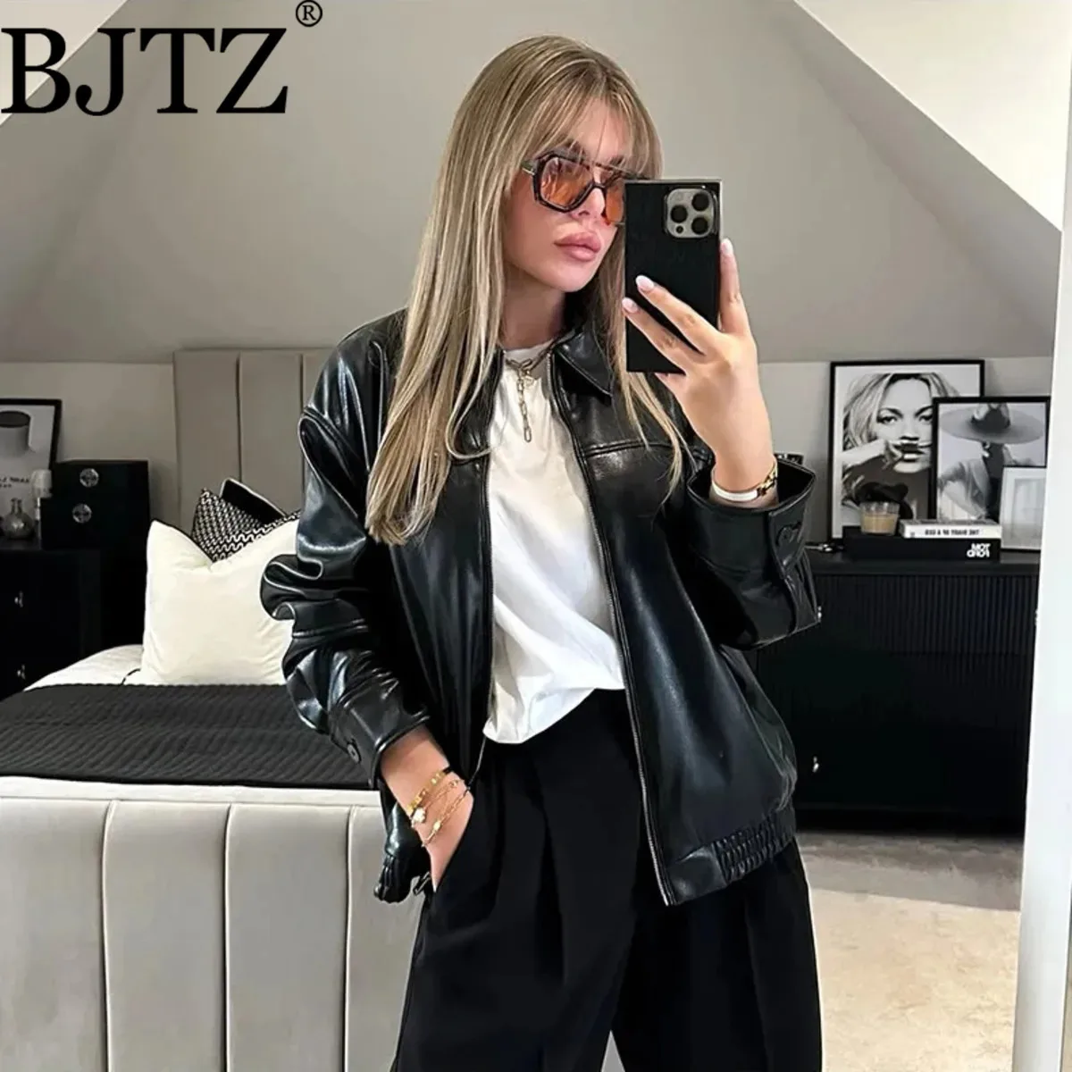 

BJTZ женская куртка-бомбер из искусственной кожи, осень-зима 2024, модная стильная верхняя одежда, теплое пальто, новое поступление