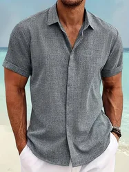 Summer explosive men's fashion casual loose cotton linen shirt trend beach large size men's short-sleeved shirt