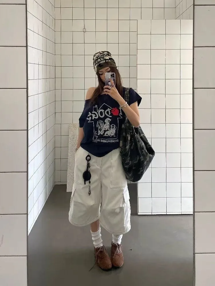 Summer Women's Bright Line Decoration Shorts High Waist Wide Leg Half Pants Female Streetwear Unisex Calf-length Trousers