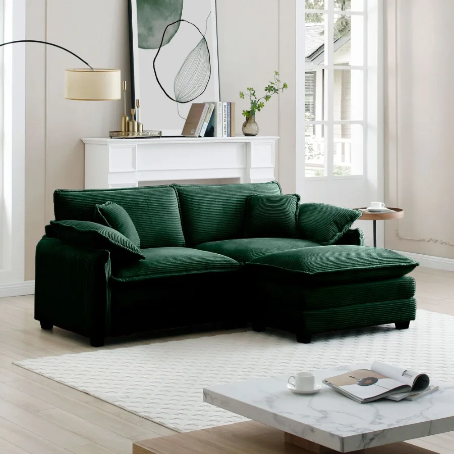Zweisitzer-Sofa mit einer Fußstütze, L-förmiges 2-Sitzer-Sofa mit Ottomane für kleine Wohnräume, grüner Cord