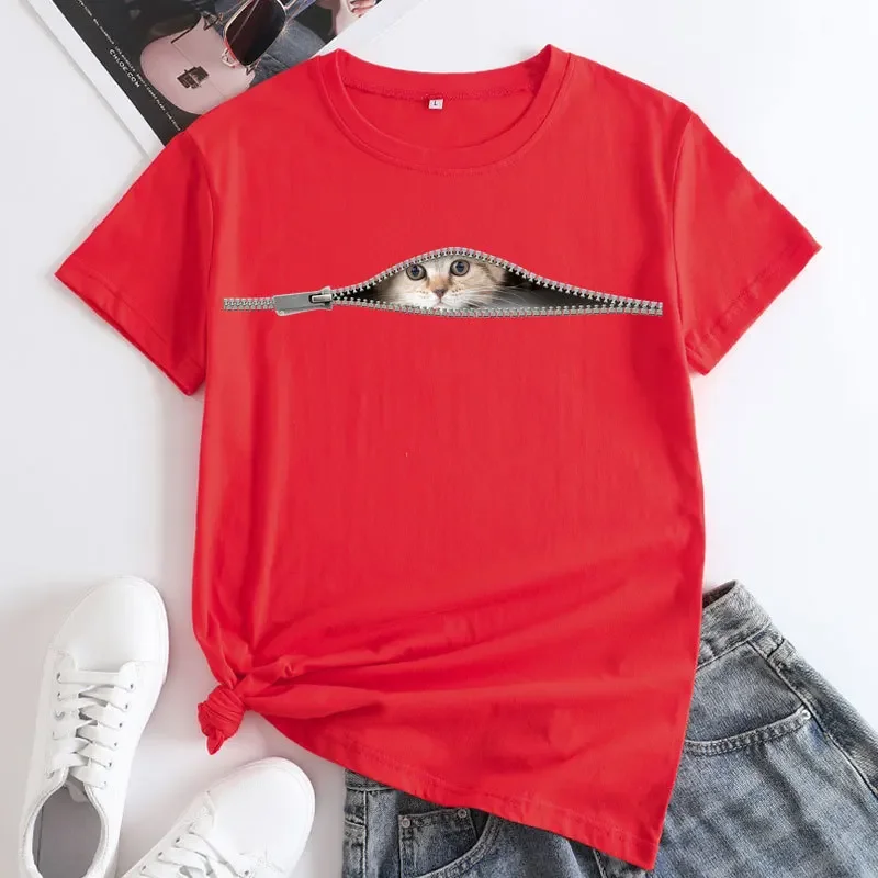 Graphic T Shirt Plus Size Cat Print Modal Round Neck Short-sleeved Women's T-shirt Tops Europe and The United States   Clothes