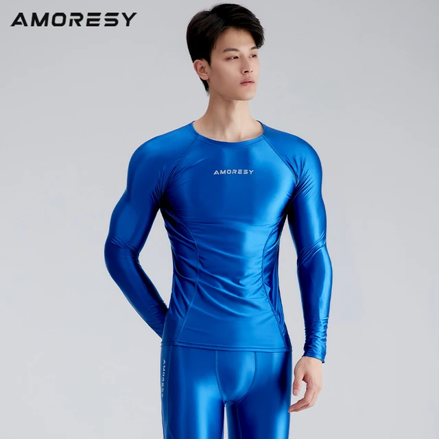 AMORESY serii Hyperion z okrągłym dekoltem dopasowana długa rękaw t-shirt męski błyszczący kompresyjny Fitness sportowy biegnący Spandex