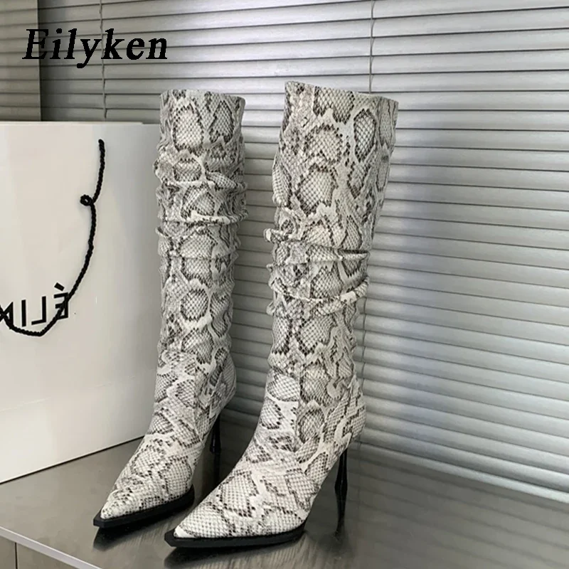 

Eilyken Classics Pleated Serpentine Women Knee High Boot Fashion Pointed Toe Pole Dancing Sexy Shoes Botines Zapatos Mujer