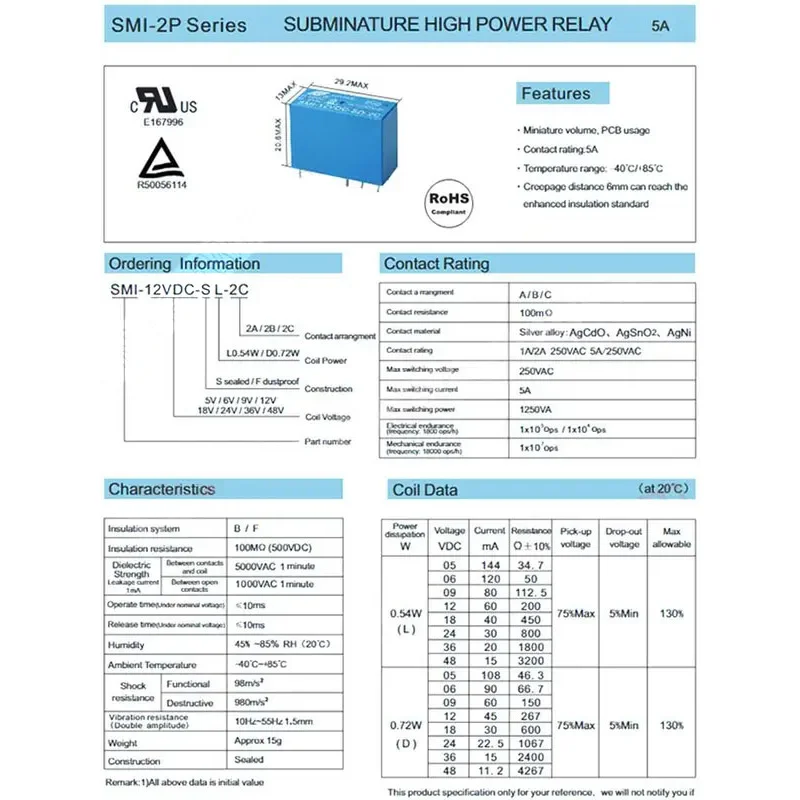 5개/묶음 SMI - 05V 12V 24V DC-SL -A -C -2C 5A 10A 릴레이 SMI-05VDC-SL-A 4핀 SMI-12VDC-SL-C 5핀 SMI-24VDC-