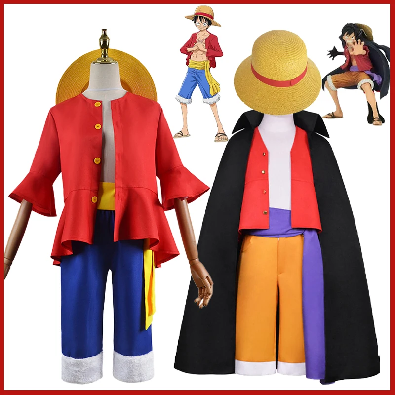 

Anime Piece Pirate Luffy Cosplay Costumes Monkey D Sun God Two Years Later Cos Adult Kids Carnival Party Red Top Pants Suits Hat