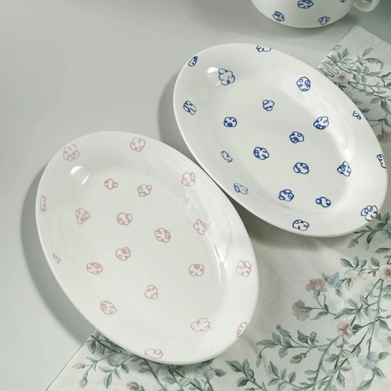 Cute Cartoon Print Dessert Plates 8 Inch Oval Overglaze Color Ceramic Dish Japanese Style Good-looking Exquisite Breakfast Plate