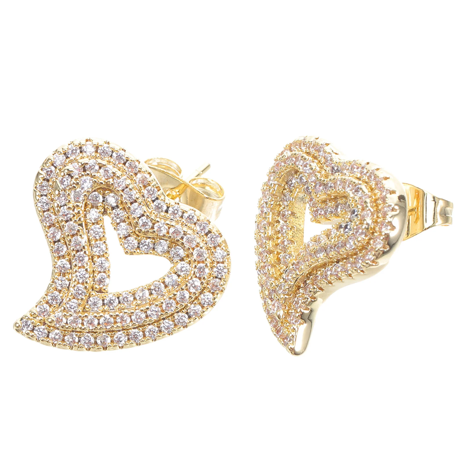 

1Pair Heart Earrings Gold Plated Sparkly Zircon Hollow Design Vintage Style Elegant Studs for Women Daily Party Wedding Jewelry