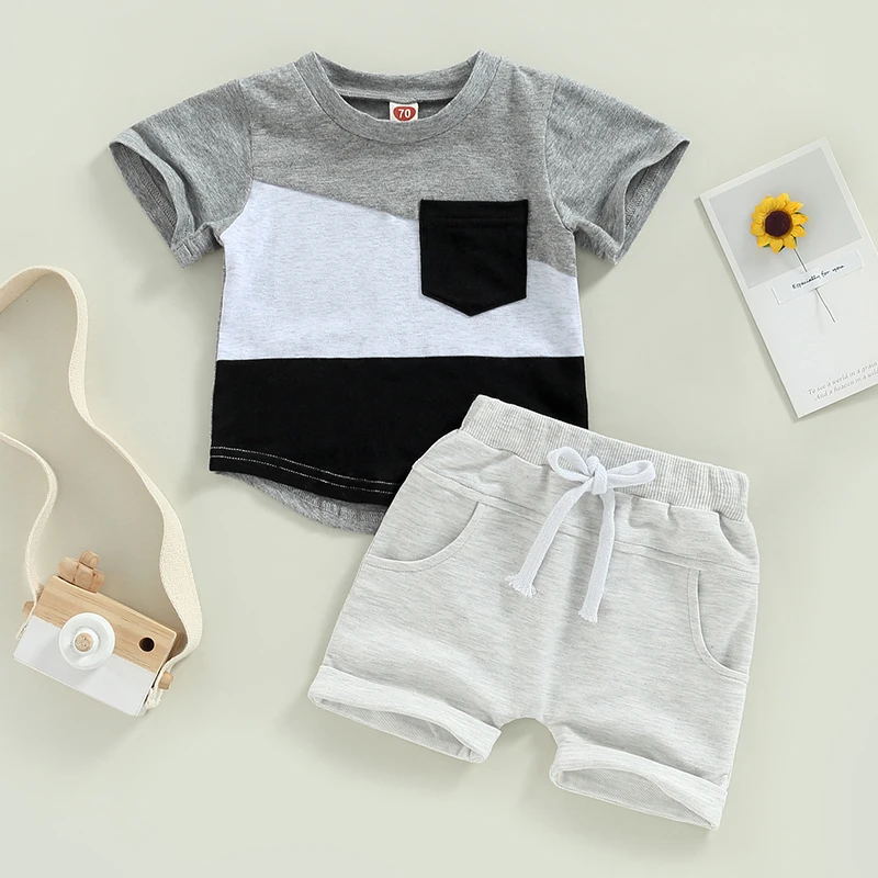 

Infant Toddler Baby Boy Summer Clothes Suits Short Sleeve Crew Neck T-Shirts Tops Elastic Waist Shorts 2Pcs Set