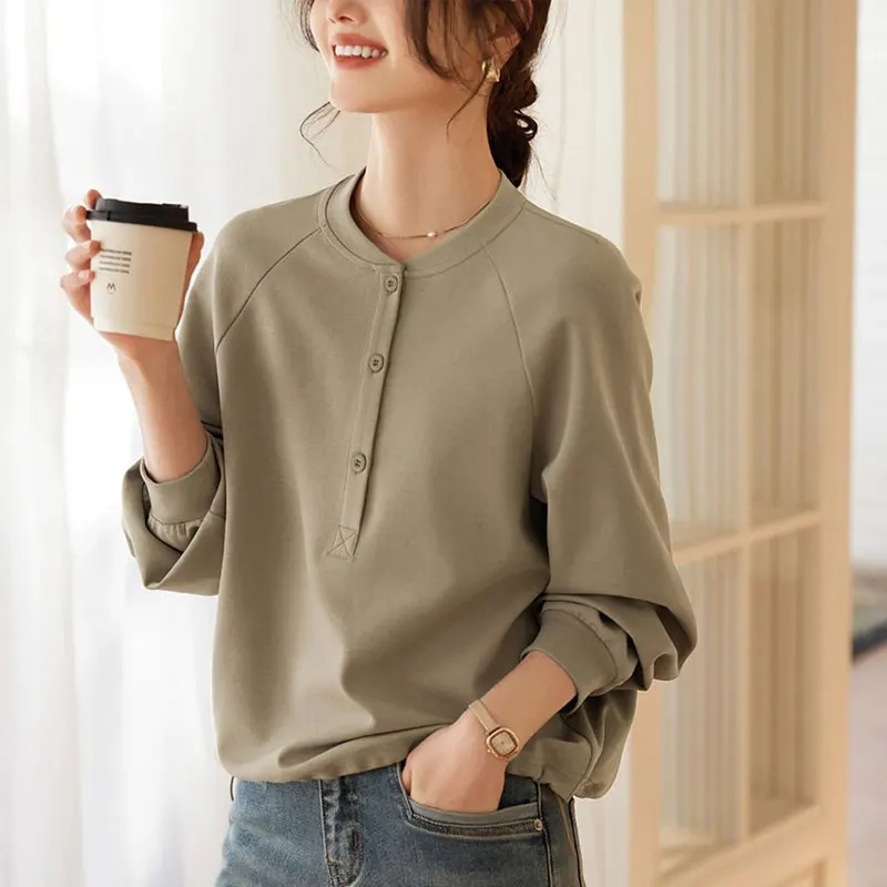 

Spring Autumn O-Neck Loose Sweatshirts Casual Long Sleeve Commute Women's Clothing Solid Color Basic Fashion Button Pullovers