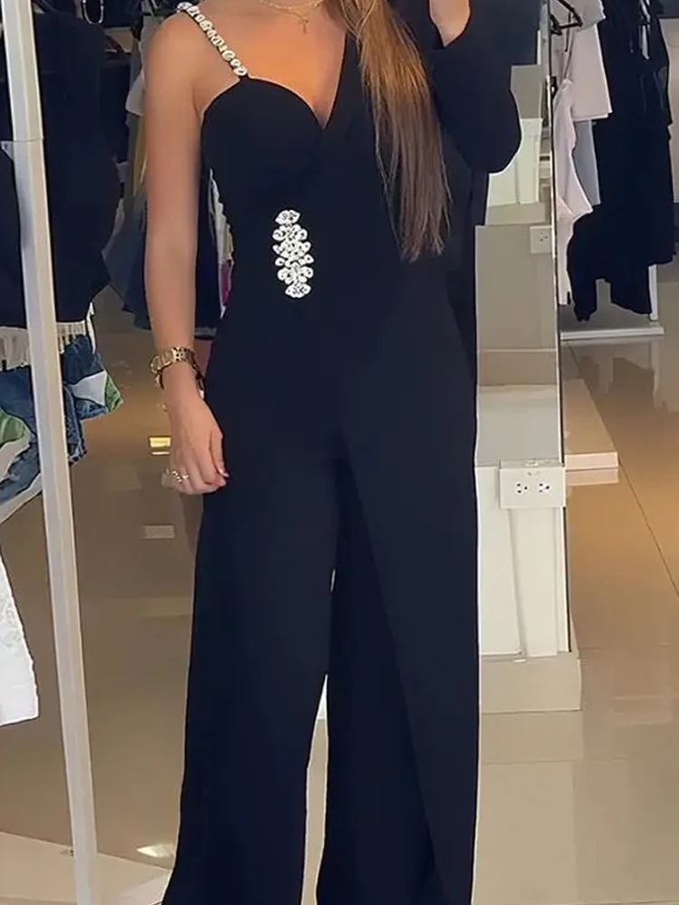 

Женский элегантный блестящий однотонный длинный комбинезон со стразами, модный драпированный офисный комбинезон, сексуальный вечерние комбинезон на одно плечо с длинным рукавом