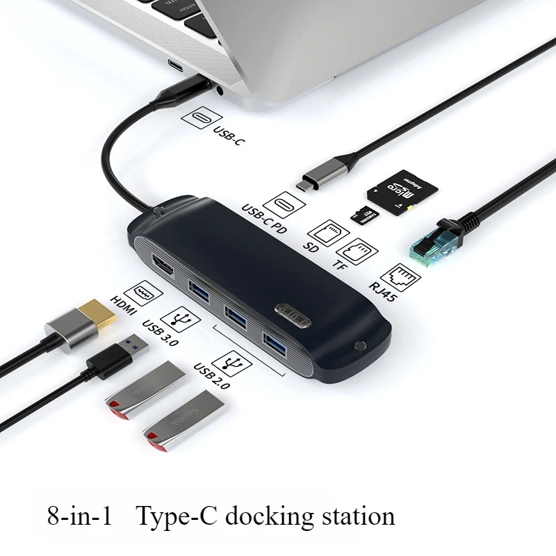 ラップトップ用のタイプC拡張ベース,8 in 1ハブ,hdインターフェース,usb 3.0, 100mbpsイーサネットポート,PD急速充電,コンバーター