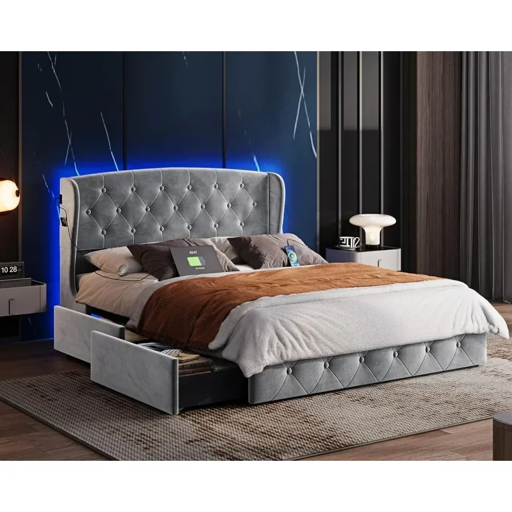 Full Size Bed Frame with 4 Drawers, Velvet Upholstered Platform Bed with Button Tufted Headboard & Wingback, LED Lights