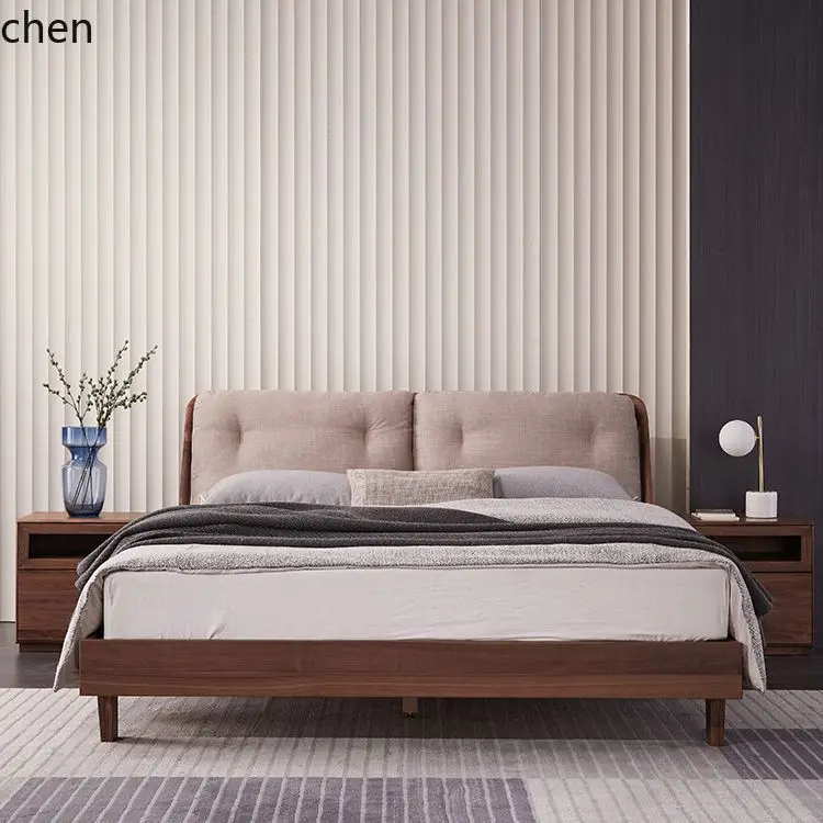 ZML Solid Wood Bed Double Bed Modern Minimalist Bedroom Soft Back  Wedding Bed