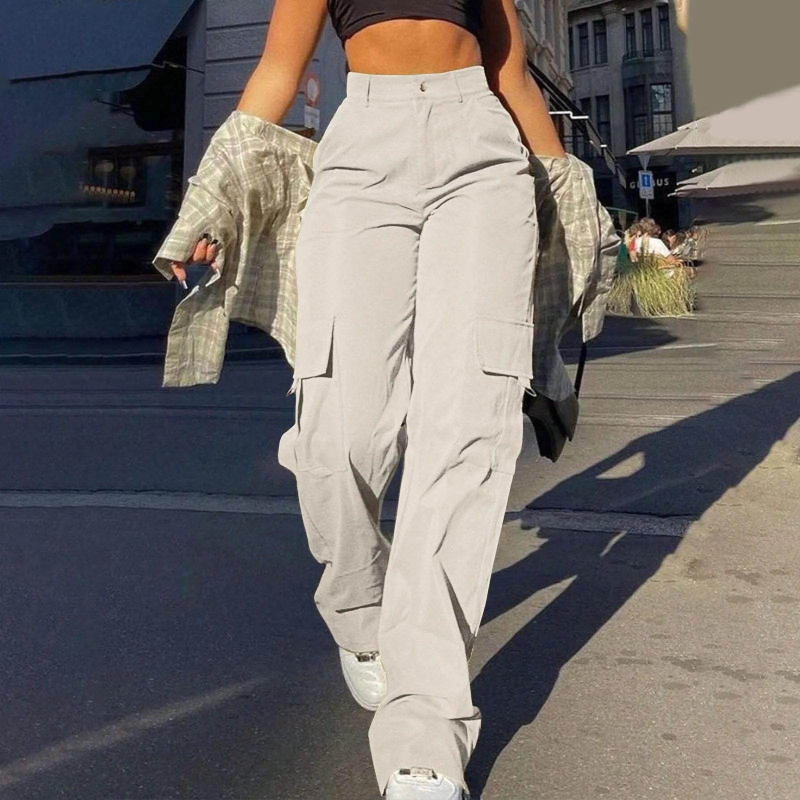 

Women Wide Leg Pants Casual Fitness Cargo Pants Belt Less High Waisted Trousers Straight Relaxed Style Slacks Sweatpants Summer