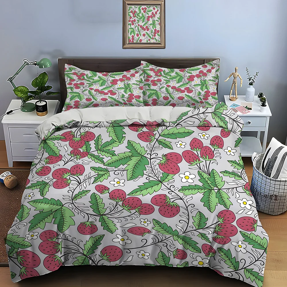 

Strawberry and Leaf Pattern Background Print Soft Comfortable Duvet Cover Bedding Set Included 1*Duvet Cover 2*Pillowcases