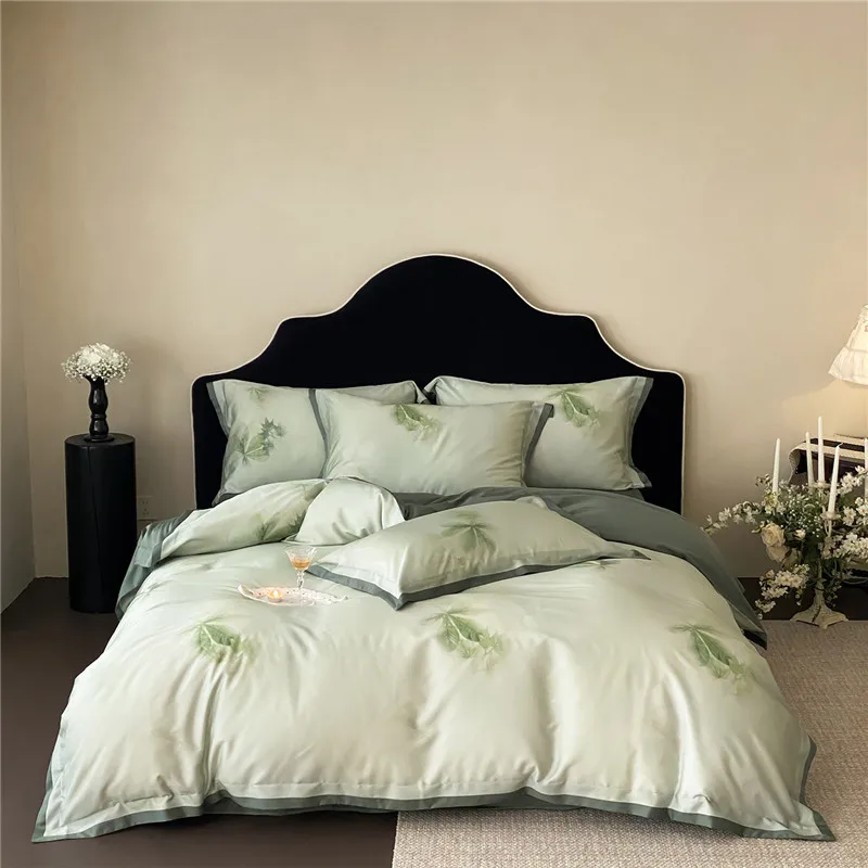600TC Lyocell Cotton Luxury Green Digital Printing Bedding Set Duvet Cover Set Bed Sheet/Fitted Sheet Pillowcases 4Pcs