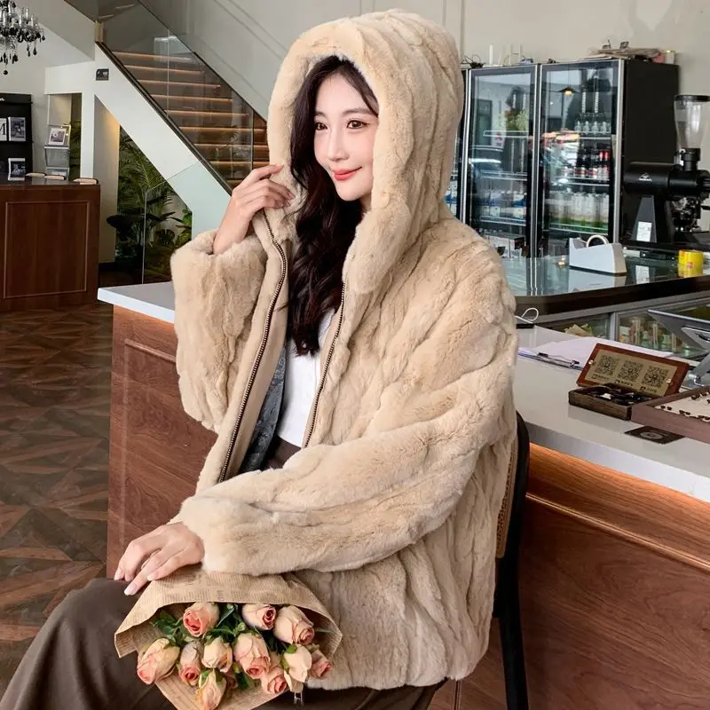 Abrigo de Piel de Conejo Rex Auténtico para Mujer, Estilo con Capucha y Cremallera, Ajuste Holgado, Talla Grande, Chaqueta de Piel y Cuero Integrados, con Capucha de Piel Esponjosa