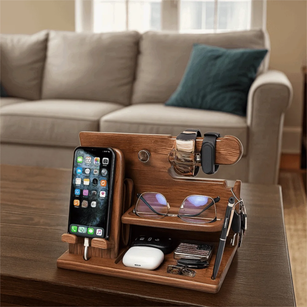 

Solid Wood Charging Phone Holder Space Saving Detachable Phone Docking Station Stable Groove Design Keychain Wallet Storage Rack