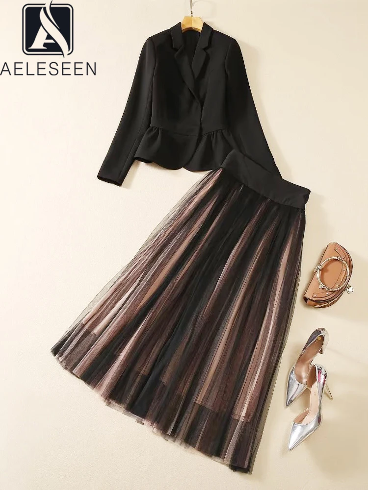 

AELESEEN Office Ladies 2 Pieces Set Autumn Winter Vintage Black Blazer + Grandient Waist Elstic Mesh Skirt Elegant Set