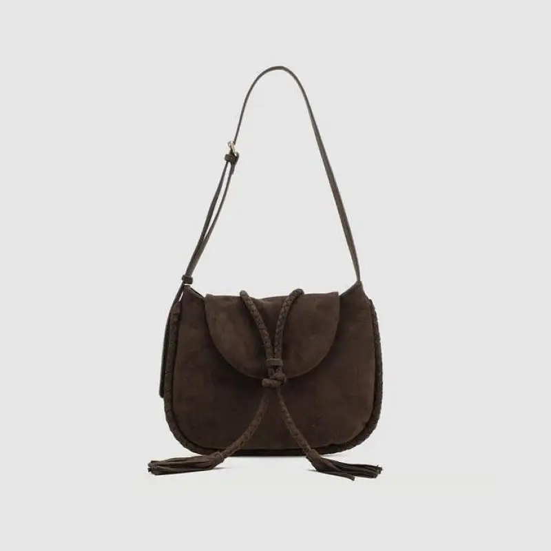 

American Retro Frosted Suede Square Shoulder Bag Woven With Tassel Strap Decoration High-end And Personalized Women's Bag Trendy