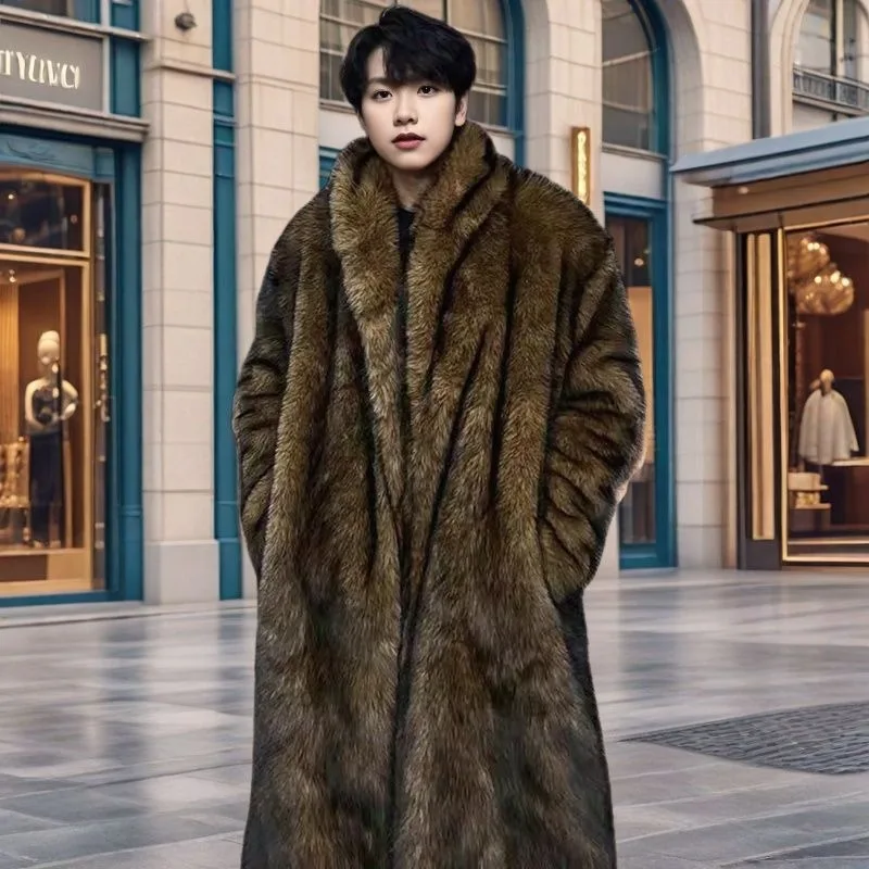 Men Fur Coat Trench Coat New Faux Fox Fur Fake Fur Long Coat Winter Windproof Warm Plus Size Men Jacket Mens Coats Comfort