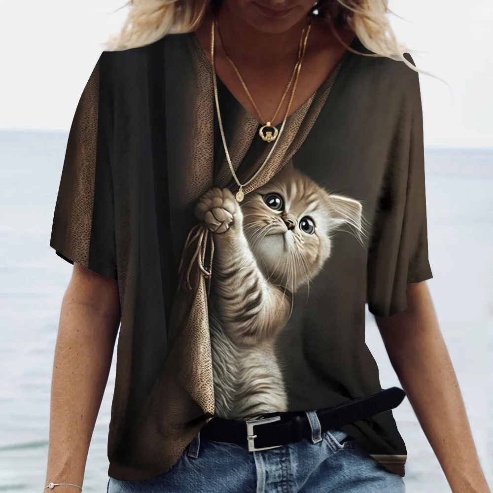 Women\'s T-shirt Kawaii Cat Print 3D T Shirt Top Girls Y2k Clothing Summer Short Sleeve Tees V-neck Casual Holiday Female T-shirt