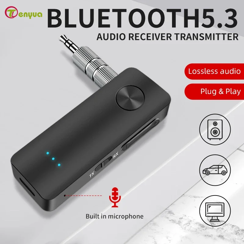 T66 Bluetooth 5.3 オーディオレシーバートランスミッター 3.5 ミリメートル AUX ステレオ 2 で 1 音楽ワイヤレスアダプターマイク付きテレビ PC ヘッドフォンカーキット
