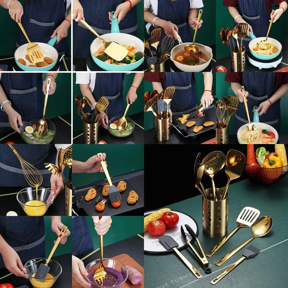 

13-Piece Gold-Plated Stainless Steel Kitchen Utensil Set with Holder, Dishwasher Safe and Easy to Clean