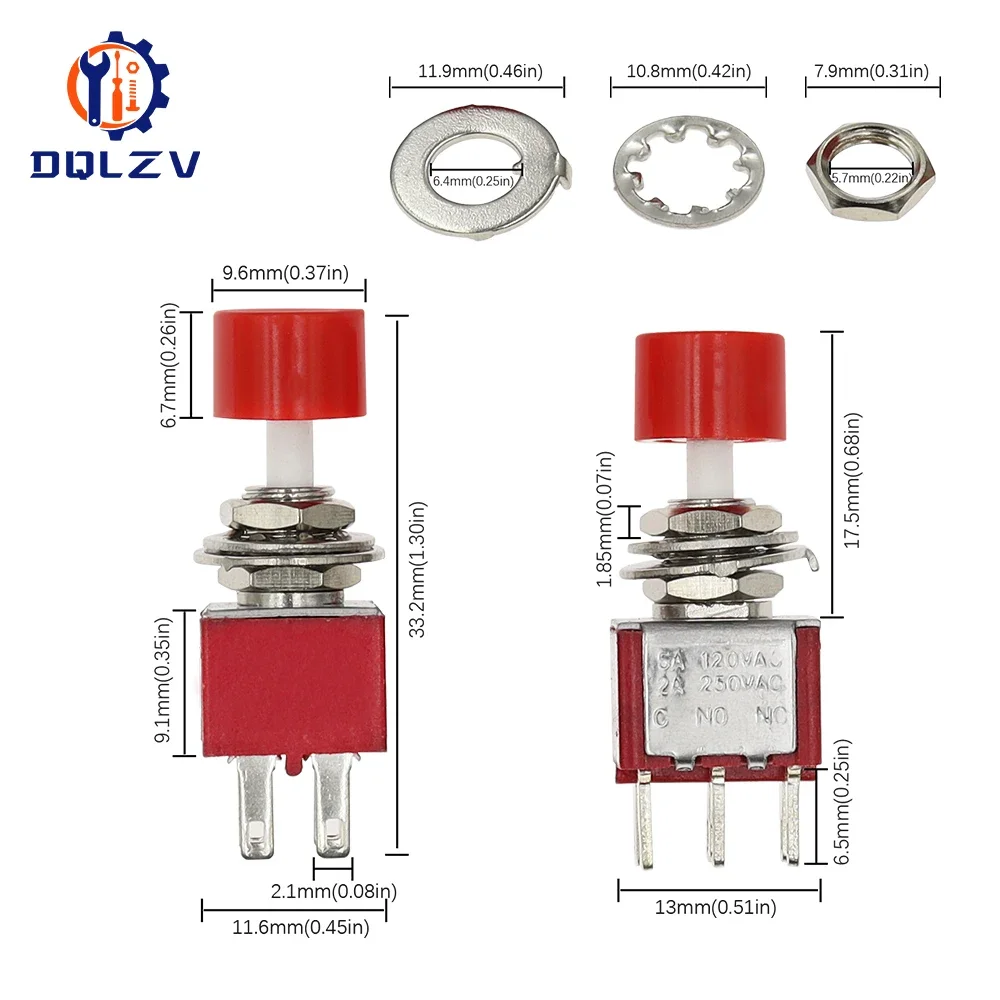 5PCS 10PCS PS-202 Mini 6mm 6Pin SPDT DPDT Momentary Push Button Switch 2A 250VAC 5A 120VAC Toggle Switch With Red Cap