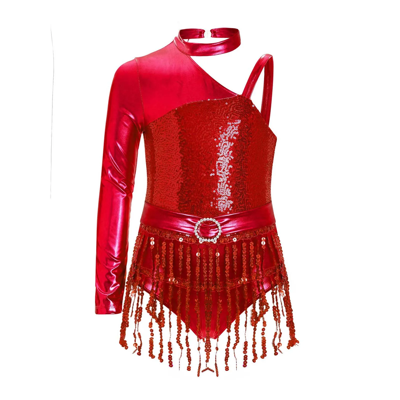 

Sequins Modern Hip Hop Jazz Dance Performance Costume Kids Girls Asymmetrical Shoulder Bodysuit Dress Tassel Latin Dance Dress