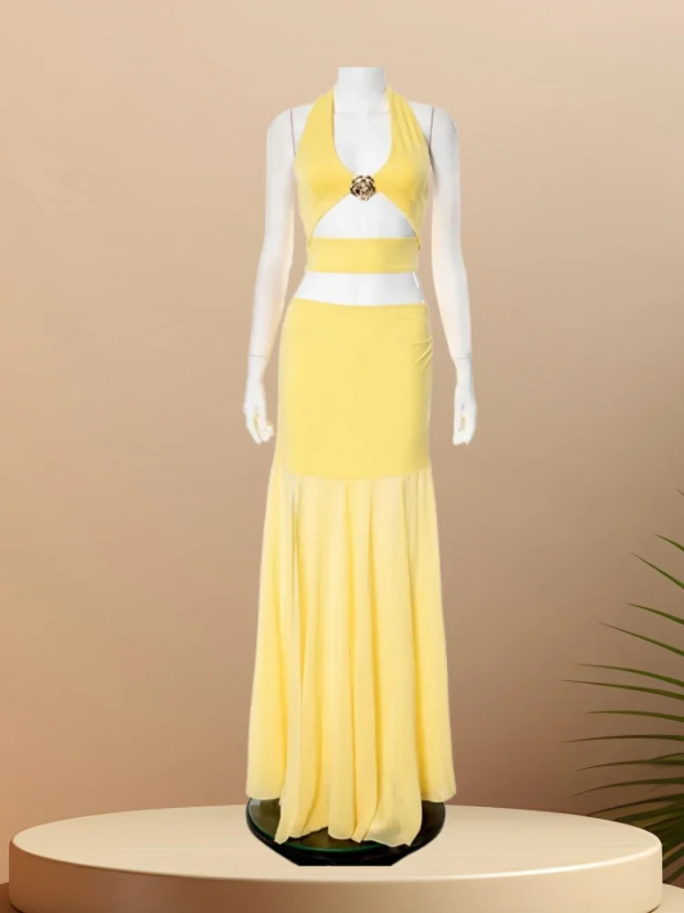 

Женский костюм Sister Star, модный однотонный топ со скелетом на шее, шифоновая полуюбка, комплект из двух предметов для вечеринки в ночном клубе