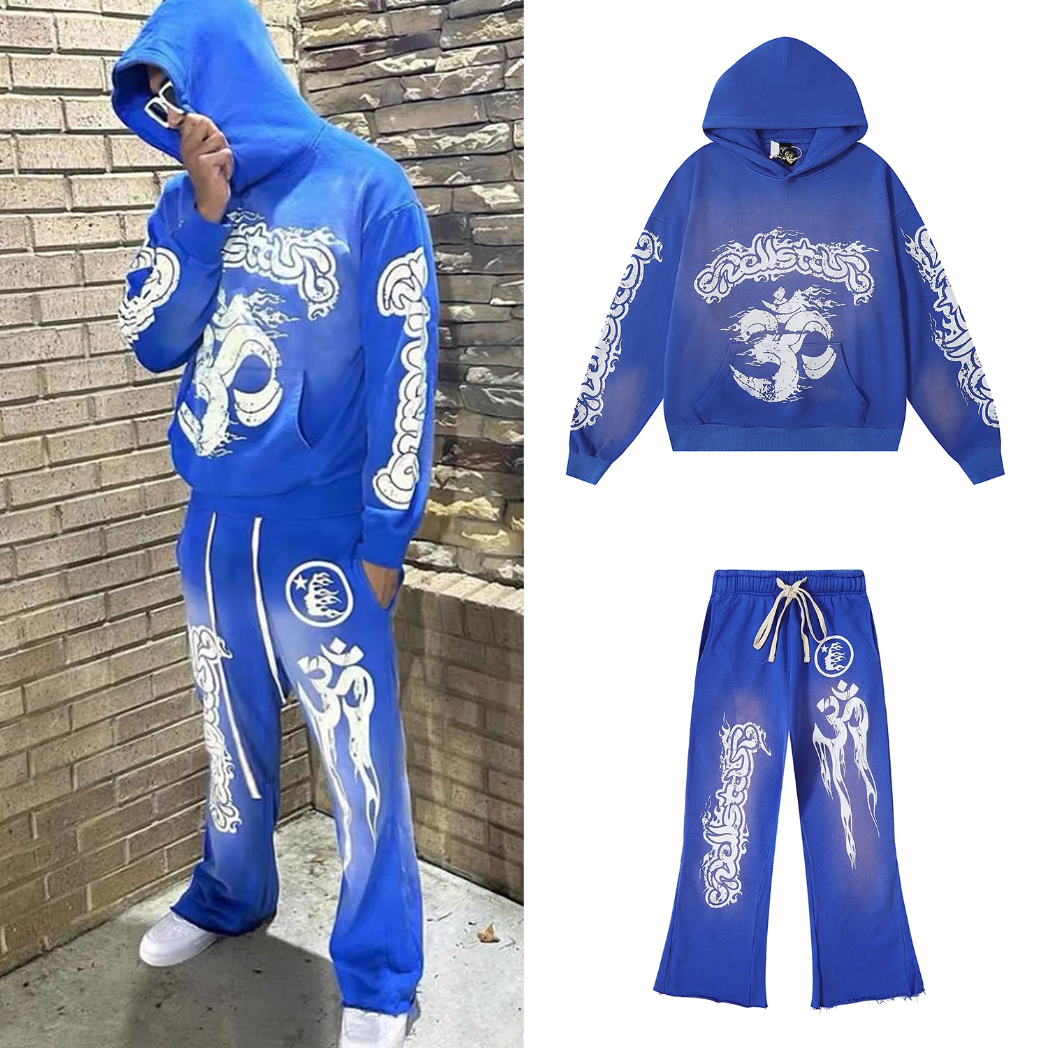 Hoodie de algodão puro masculino, roupas de ioga azul, indústria pesada, tendência da moda, lavagem