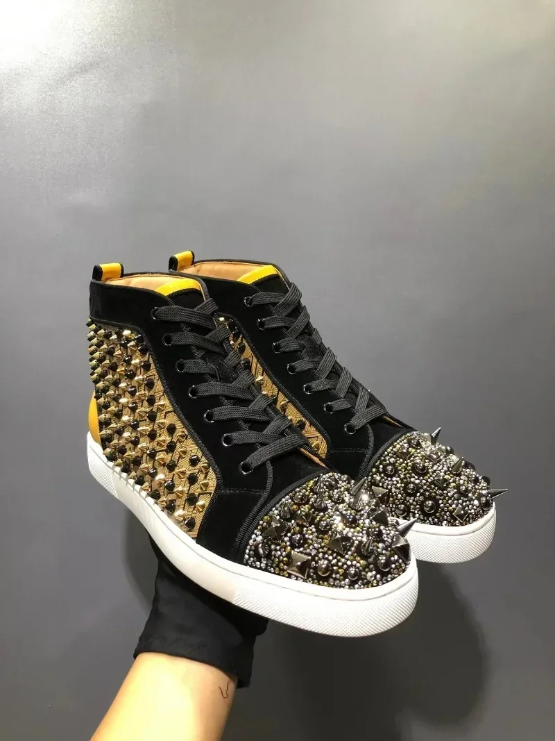 

Fashion Luxury Leather Red Sole Men's Shoes Rhinestone Rivets High Top Women's Shoes Sneakers Tennis Shoes