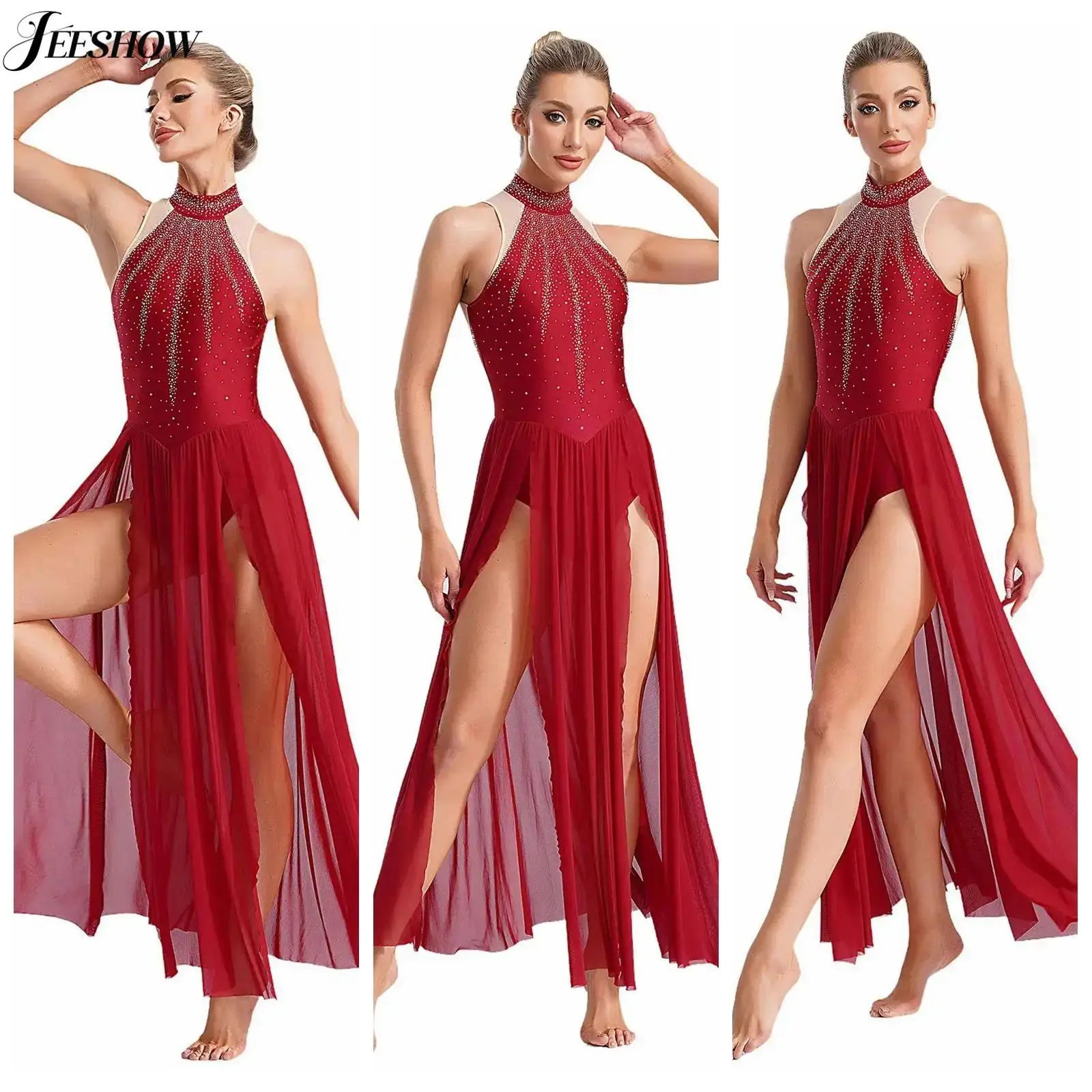 Robe de danse lyrique sans manches pour femmes, strass scintillants découpé, dos fluide, Tulle, fente haute, longue, vêtements de danse modernes