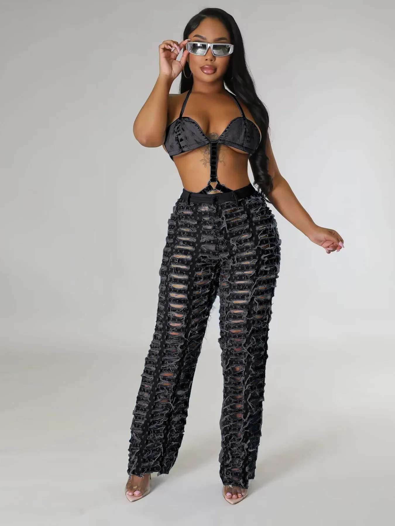 Women Denim Pants Spring Summer Fashion  High Waist Hollow Out Denim Pants Casual Loose  Ripped Fringe Wide Leg Jeans Trousers