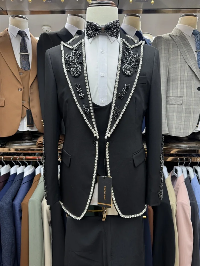 

Black Men Suits Set 2 Pieces Blazer+Pants Trousers Luxury Stone Crystals Wedding Tuxedos Jacket Formal Office Cotton Male Coat