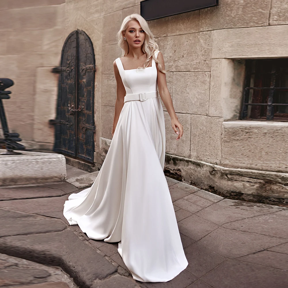 

Gothic Square Neck Wedding Dress Cap Sleeve Floor Length Sweep Train Draped Simple Mono Bridal Gown For Woman 2024 Bride Party