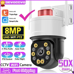 Caméra de surveillance extérieure PTZ WiFi HD 8MP/50x, dispositif de sécurité sans fil, avec n'aime optique, IA, suivi automatique, audio et protocole P2P, Tuya