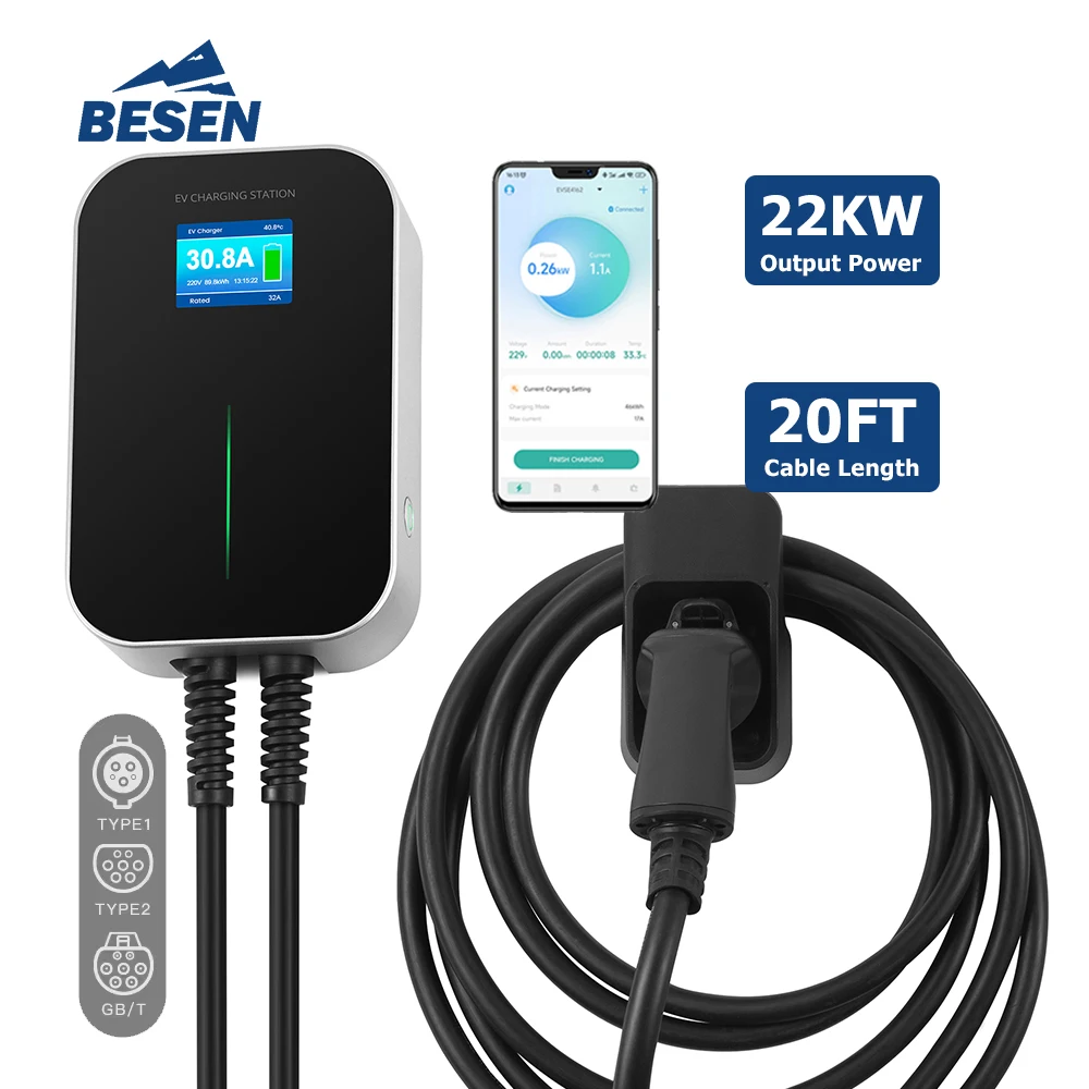 Clean Energy EV Car Charger Station 22kW 32A APP Smartphone Android and IOS System EV Charger with Type 2 Cable