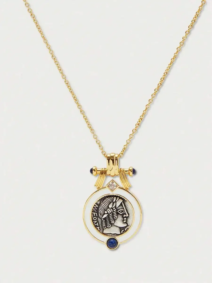 

Vintage Coin Pendant Necklace With Enamel And Rhinestone Accents